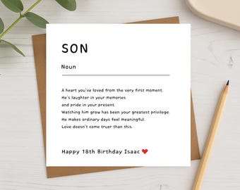 Son Birthday Card – Personalised Minimalist Gift for Him, Definition Style, Milestone Ages 16th, 18th, 21st, 25th, 30th, 40th, Heart