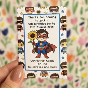 Personalised Sunflower Seed Packet Favours – Birthday Party, Boys, Girls, Superhero Theme, DIY Fold & Glue or Ready-Made Thank You Gifts