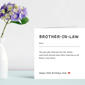 Funny brother-in-law birthday card next to vase with hydrangeas, personalised with "Happy 35th Birthday Jack." Humorous definition-style gift for him, great for family birthdays.