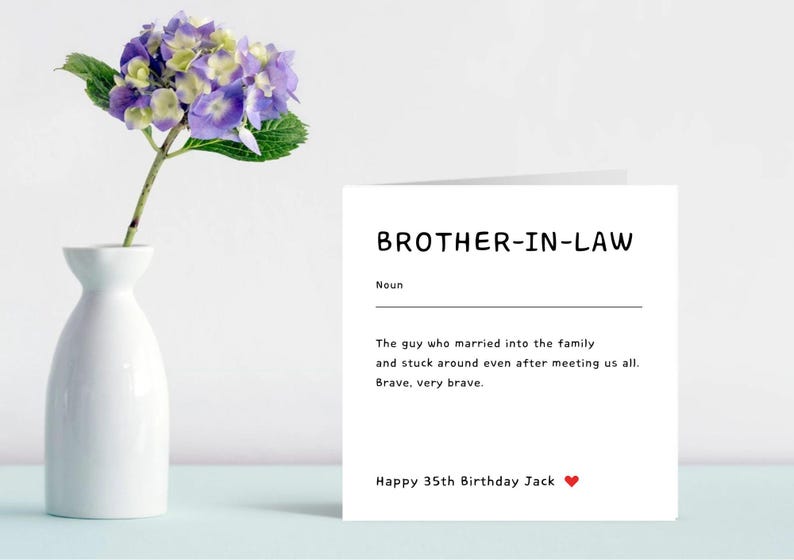 Funny brother-in-law birthday card next to vase with hydrangeas, personalised with "Happy 35th Birthday Jack." Humorous definition-style gift for him, great for family birthdays.