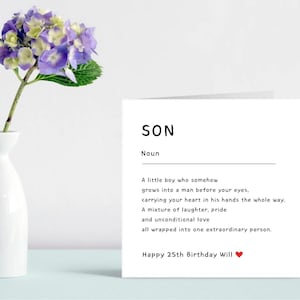 Personalised son noun definition card featuring heartfelt wording about love, pride, and growing up. Modern minimalist 6x6 square card displayed with pencil and greenery. Perfect sentimental birthday card for son, ideal for milestone ages including 18th, 21st, 25th, and 30th, 40TH, 50TH