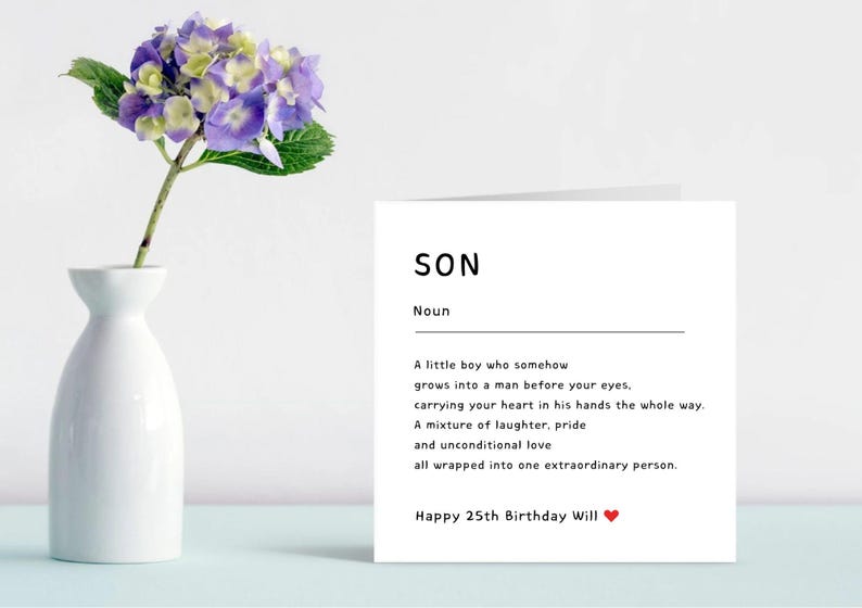 Personalised son noun definition card featuring heartfelt wording about love, pride, and growing up. Modern minimalist 6x6 square card displayed with pencil and greenery. Perfect sentimental birthday card for son, ideal for milestone ages including 18th, 21st, 25th, and 30th, 40TH, 50TH