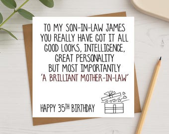 Son in Law Birthday Card – Funny Personalised Greeting Card – Humorous Gift for Him – Ages 21st, 25th, 30th, 35th, 40th, 45th, 50th, Any Age