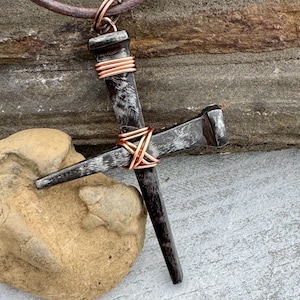 Rustic Nail Cross Necklace Men Silver & Copper Wire For Him Boy Christian jewelry Baptism Easter Confirmation Graduation Pastor Gift Son