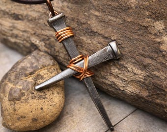 Men's Rustic Steel Nail Cross Necklace with Copper Wire Wrap – Christian Faith Jewelry