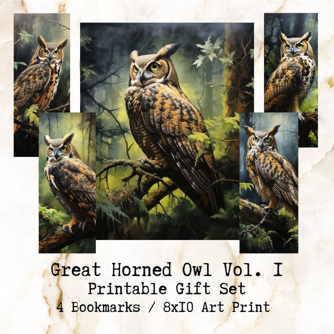 Owl Gift Printable Bookmark Set of 4 Great Horned Owl Book Etsy