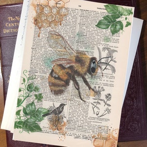 May include: A vintage dictionary page with a watercolor illustration of a bee, a bird, and honeycombs. The page features the word "honeycomb" and a definition of the word. The background is a light beige color.