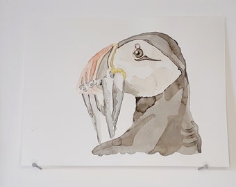 Puffin ORIGINAL WATERCOLOR Bird Portrait Sea Ocean Nature Painting Brittany
