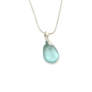 Cornish Sea Foam Blue Sea Glass Necklace with a 925 Sterling Silver Teardrop Bail and Snake Chain- E13