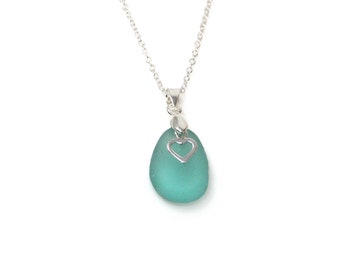 Seafoam Blue Cornish Sea Glass Necklace with a 925 Sterling Silver Heart Charm and Trace Chain- E11