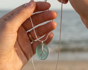 Seafoam Blue Cornish Sea Glass Necklace – Sterling Silver Pendant, Handmade Beach Jewelry