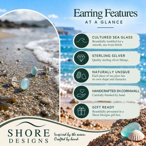 Puede incluir: Dos pendientes de bot&oacute;n de cristal de mar azul claro con postes de plata de ley. El texto dice: Earring Features At A Glance, Cultured Sea Glass, Sterling Silver, Naturally Unique, Handcrafted In Cornwall, Gift Ready, Shore Designs.