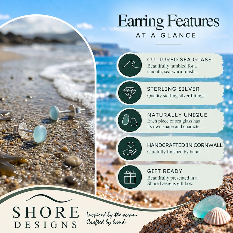 Puede incluir: Dos pendientes de bot&oacute;n de cristal de mar azul claro con postes de plata de ley. El texto dice: Earring Features At A Glance, Cultured Sea Glass, Sterling Silver, Naturally Unique, Handcrafted In Cornwall, Gift Ready, Shore Designs.