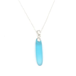 Aquamarine Blue Cultured Sea Glass Necklace with a 925 Sterling Silver Teardrop Bail and Trace Chain- Handmade in Cornwall- E9