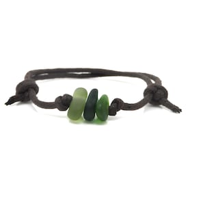 Triple Green Cornish Sea Glass Faux Leather Bracelet – Beach Jewellery – Festival Jewellery – Vegan Jewellery - Gift Boxed