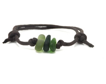 Triple Green Cornish Sea Glass Faux Leather Bracelet – Beach Jewellery – Festival Jewellery – Vegan Jewellery - Gift Boxed