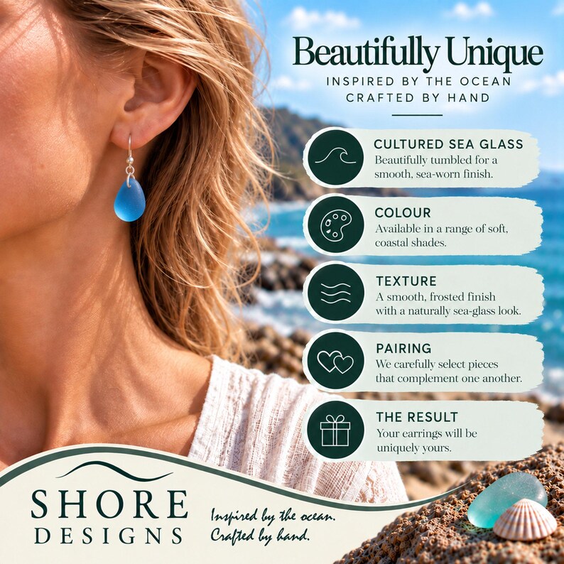 Puede incluir: Un pendiente azul en forma de l&aacute;grima hecho de vidrio marino cultivado con un acabado suave y esmerilado. El texto en la imagen dice Beautifully Unique, Inspired by the Ocean, Crafted by Hand, Shore Designs y detalles del vidrio.