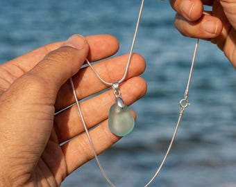 Seafoam Blue Cornish Sea Glass Necklace – Sterling Silver Teardrop Bail and Snake Chain
