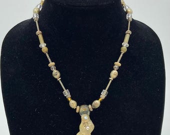 Natural Grey Rock Pendant Beaded Necklace with Swarovski Crystals