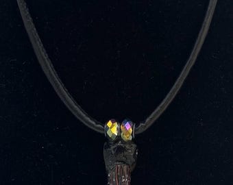 Natural Armenian Black Obsidian Pendant with Hand Blown Glass on Leather Cord