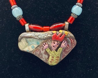 Come Play With Me!  Happy Resin Joker/Jester on Repurposed Ceramic Piece with Red Glass and Metal Beads