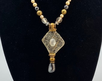 Vintage Wire Glass with Hematite and Moonstone on Adjustable Beaded Necklace
