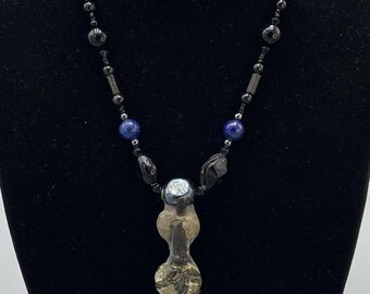 Natural Tourmaline Pendant on Glass and Stone Beaded Necklace