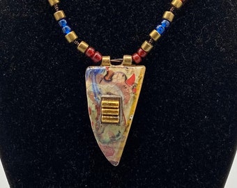 Repurposed Metal and Tumbled Ceramic Triangle Pendant With Czech Glass Beads