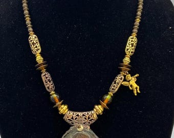 Angel Ceramic Pendant on Metal and Glass Gold Beaded Necklace