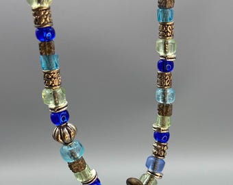 Blue and Sliver Handblown Millefiori Glass Pendant on Beaded Necklace