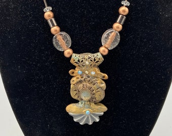 Bronze Fanfare Beaded Necklace with Swarovski Crystals and Handblown Glass