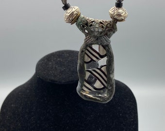 Upcycled See-Through Black and White Glass Pendant on 24 inch Chain with Beads