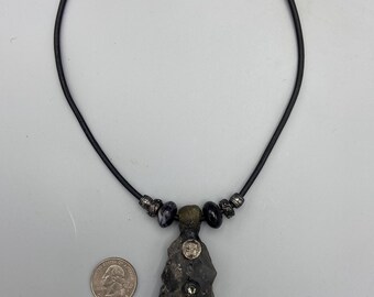 Arrowhead Shaped Armenian Obsidian and Vintage Glass on a Leather Cord