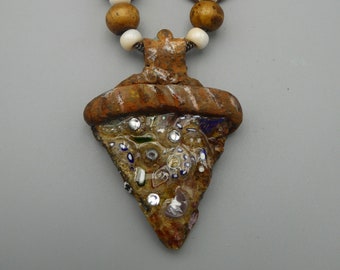 Undersea Pizza Found Metal Mosaic Glass Pendant Necklace