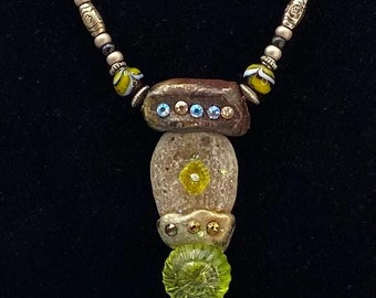 Super Cool Upcycled Sparkly Utah Rock with Handblown Glass & Swarovski Crystals on a Beaded Necklace