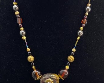 Raku and Rainbow Bismuth Glass Beaded Pendant Necklace