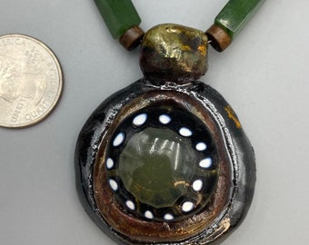 Jade Green Glass and Raku Beaded Necklace with Matching Earrings