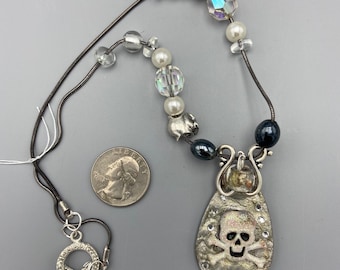 Sparkly Skull Pendant Beaded Necklace with Cut Glass and Repurposed Glass beads