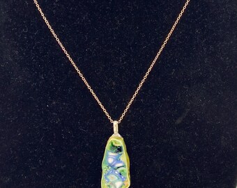 Blue and Green Melted Glass on Tumbled Ceramic on a 24 inch Silver Plated Chain