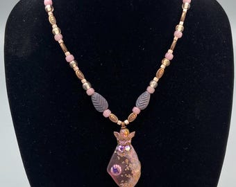 Tiny Angel Pink Sparkly  Geode Slice Pendent With Swarovski Crystals on A Beaded Chain