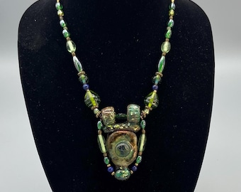Green Glory Beaded Necklace in Glass and Raku Pendant