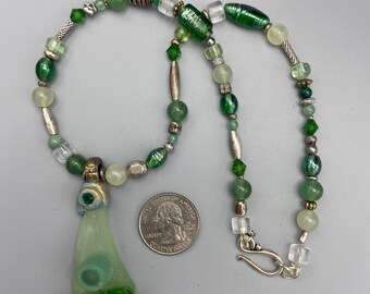 Handmade Green Glass Pendant Necklace with Jade and Czech Beads