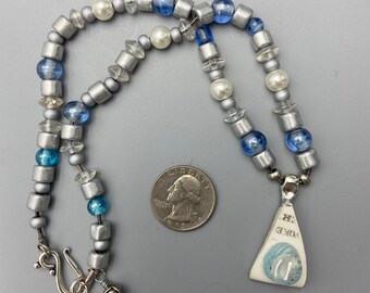 Blue White and Silver Beaded Necklace with Upcycled Porcelain Pendant