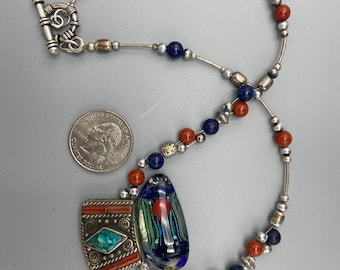 Moroccan Silver Pendant: Red Coral, Turquoise, Hand-Blown Glass, 1970s Beads