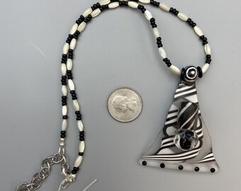 Adjustable Tumbled Glass Black and White Pendant on Glass Beaded Necklace w/Swarovski Crystals