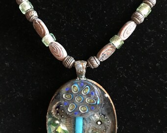 Blue Sunflower Mosaic Pendant Beaded Necklace