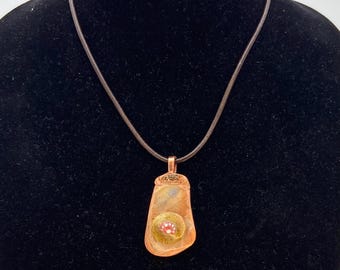 Rose Gold and Red Color Ceramic Pendant with Melted Glass on Leather Cord
