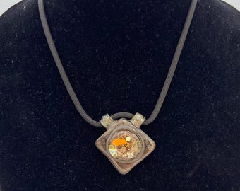 Diamond Shaped Bronze Ceramic with Melted Glass on Nylon Cord