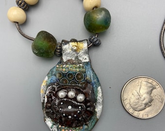 Swarovski Pearl Silver Leaf Foil Repurposed Metal Pendant African Glass Beaded Necklace