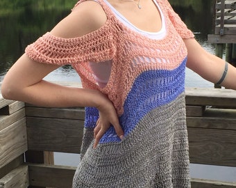 Crochet Tunic Top, Long Women's Top, Crochet Beach Cover-up, Cold Shoulder Top, Easy Breezy Tunic Top, Women's Long Lightweight Sweater